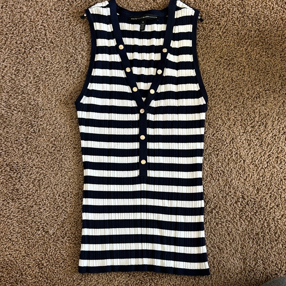 White House Black Market Blue and White Sleeveless Ribbed Tank Top